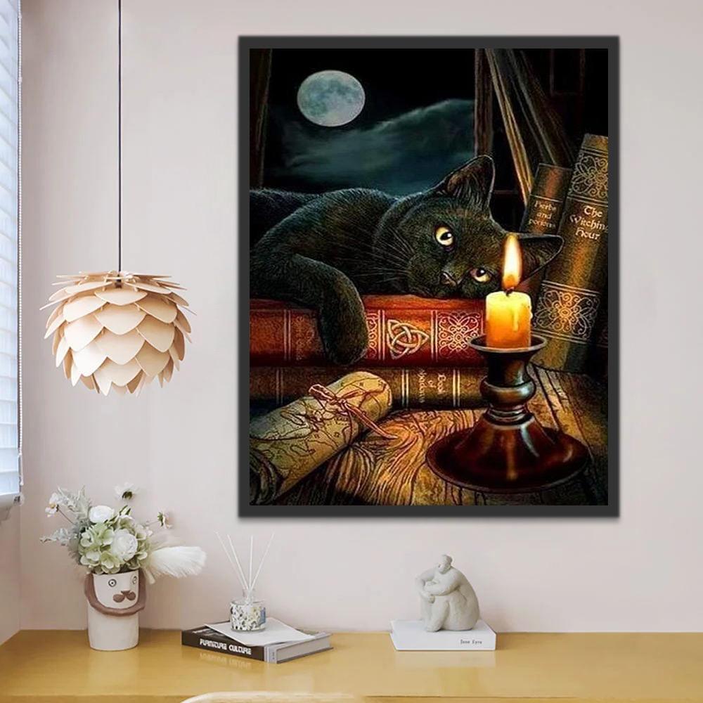Gato Acostado sobre los Libros Observando la Candela Pintar por Números