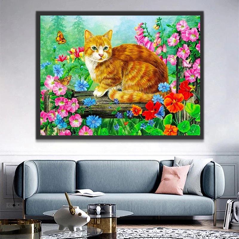 Gato Anaranjado sobre Madera Rodeado de Las Flores Pintar por Números