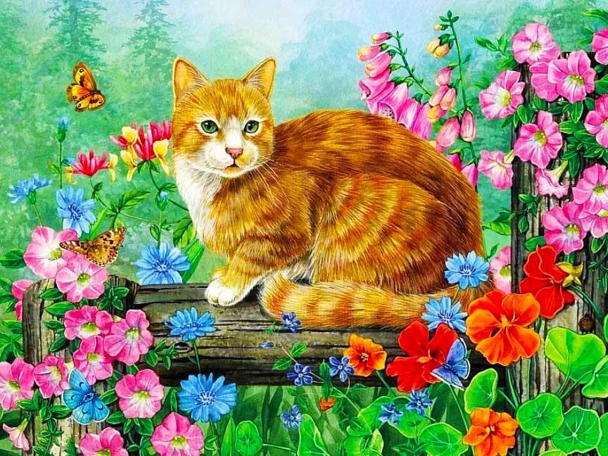 Gato Anaranjado sobre Madera Rodeado de Las Flores Pintar por Números