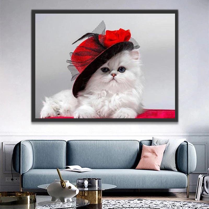 Gato Blanco con Sombrero Rojo Pintar por Números