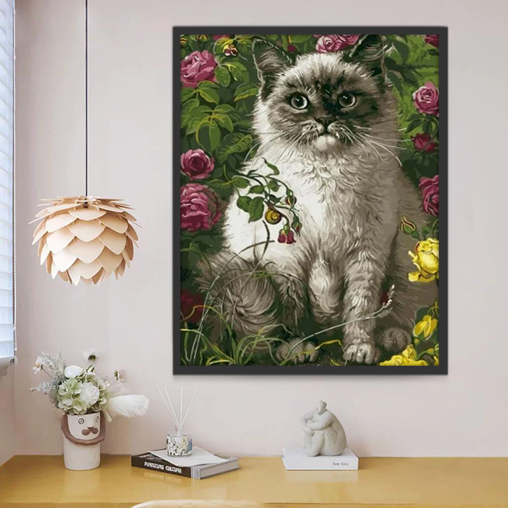 Gato Blanco Sentado en Las Flores Pintar por Números