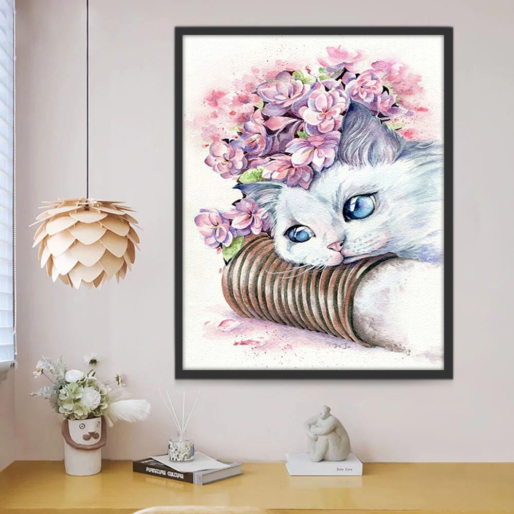 Gato Blanco y las Flores Rosas Pintar por Números