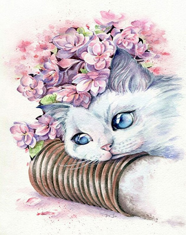 Gato Blanco y las Flores Rosas Pintar por Números