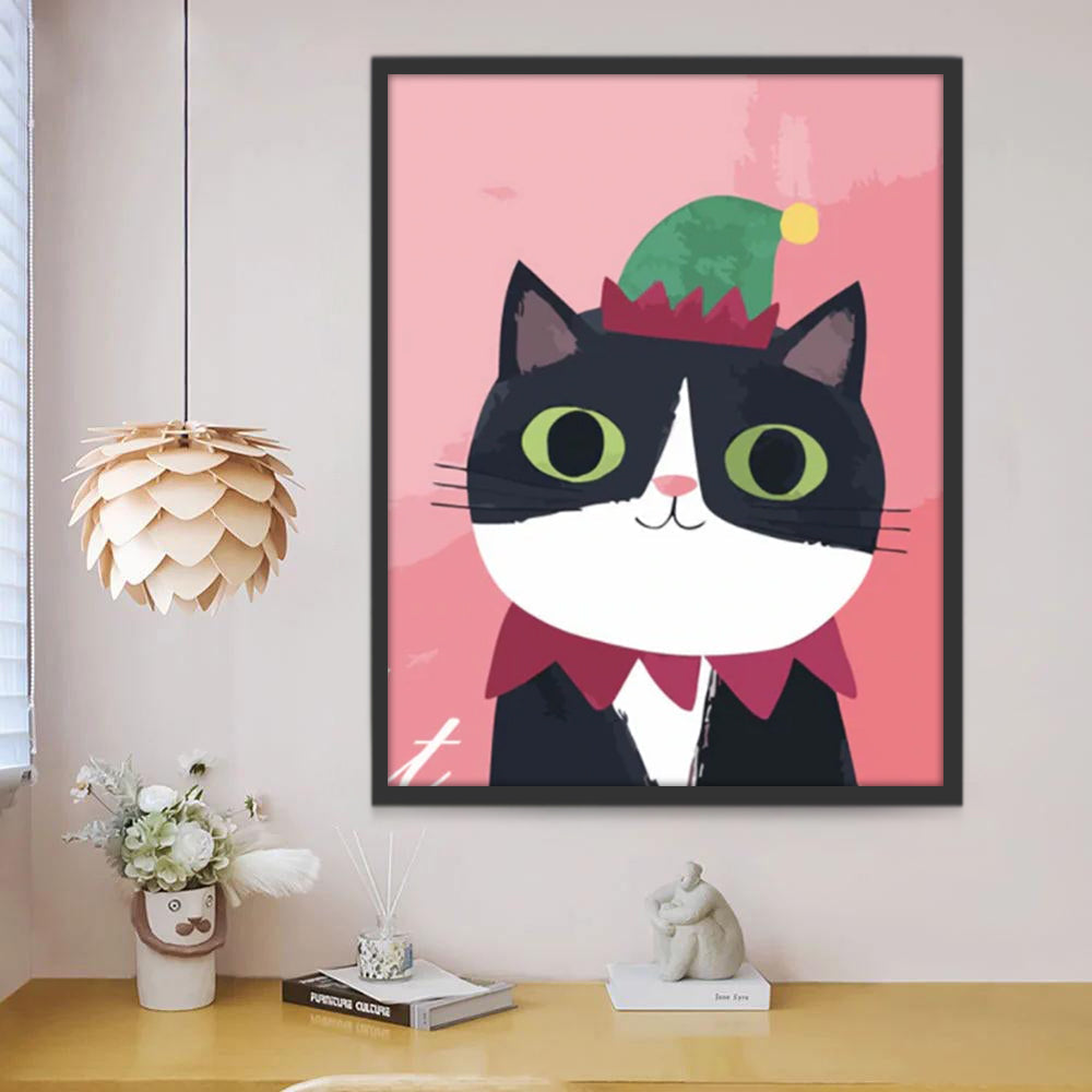 Gato Blanco y Negro con Gorro de Papá Noel Pintar por Números