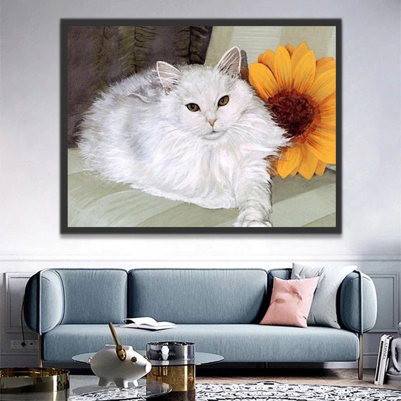 Gato Blanco y un Girasol Pintar por Números