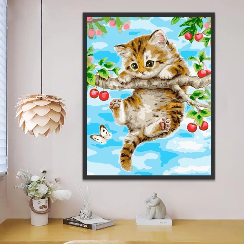 Gato Colgando en la Rama de Hoja Pintar por Números
