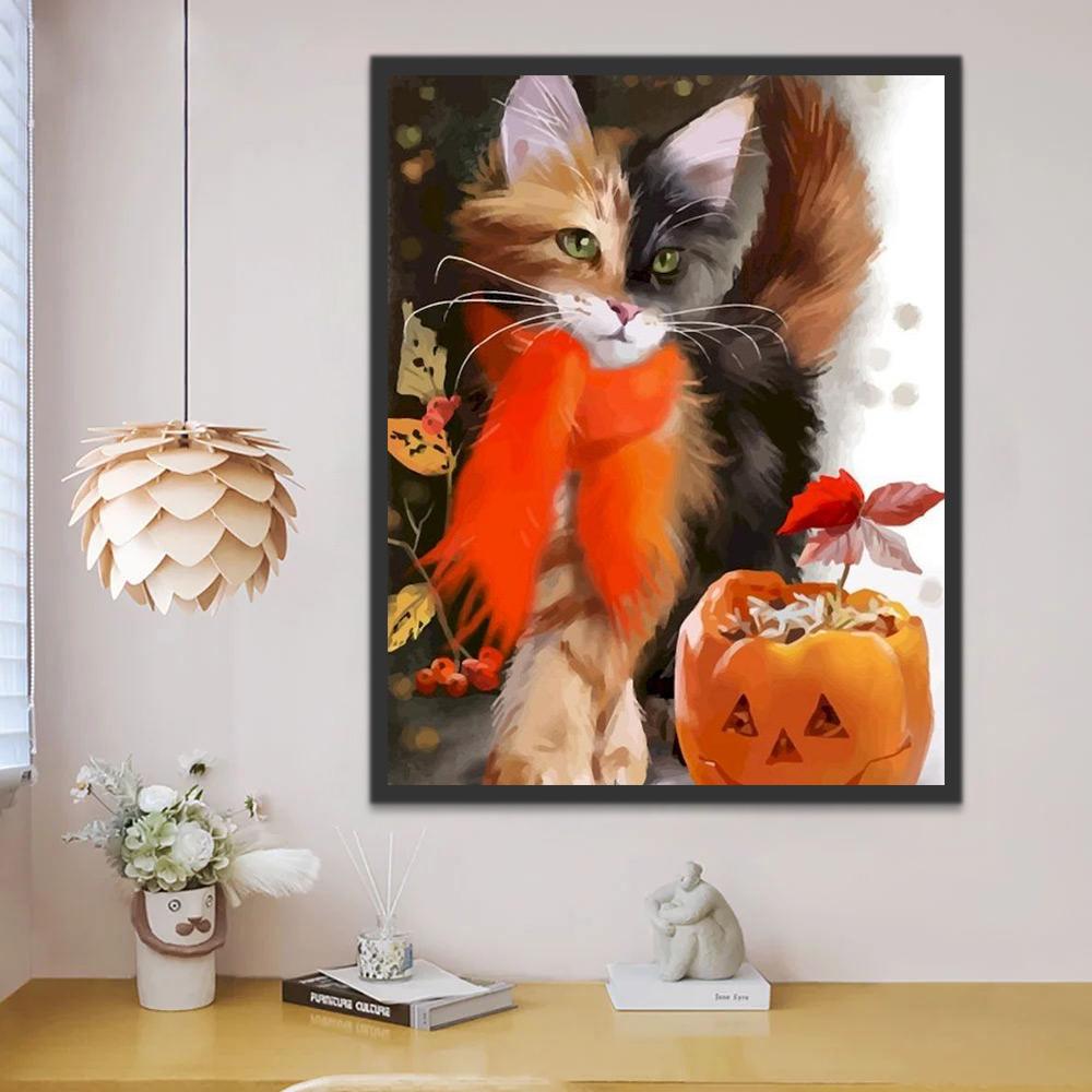 Gato con Bufanda y Calabaza de Halloween Pintar por Números