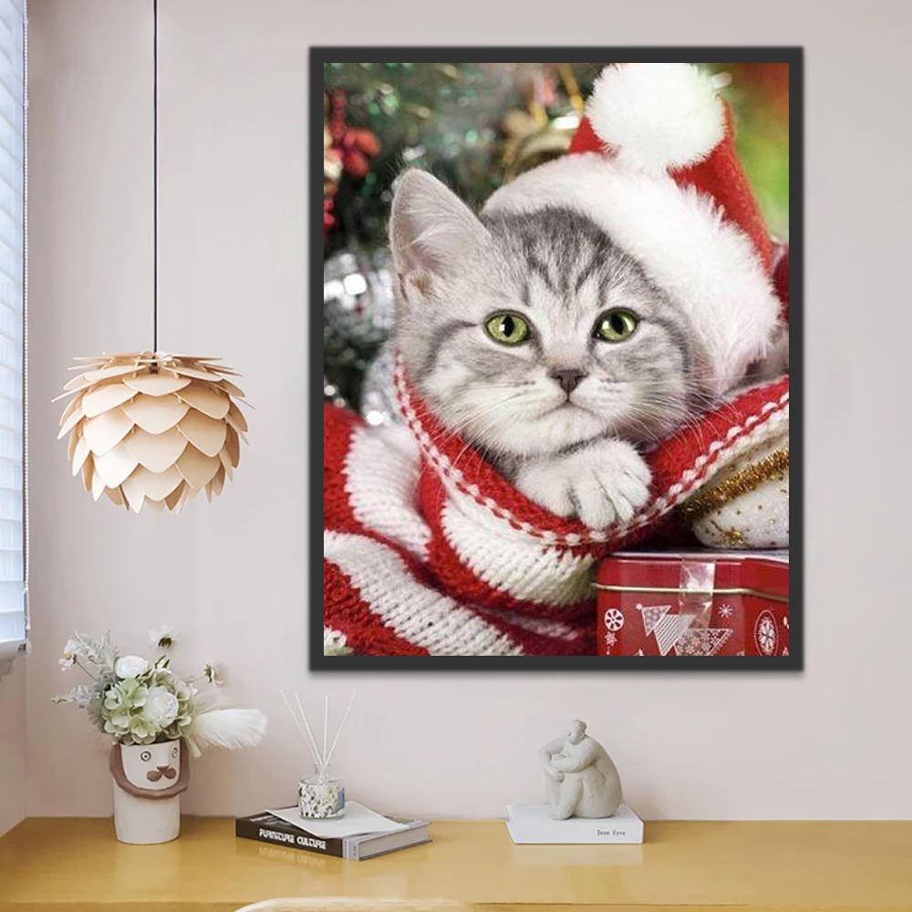 Gato con Bufanda y Gorro de Navidad Pintar por Números