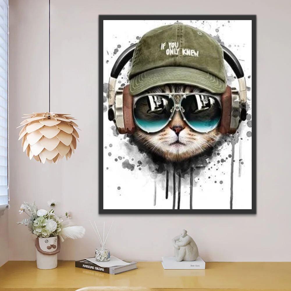 Gato con Gafas de Sol y Gorra de Béisbol y Auricular Inalámbrico Pintar por Números