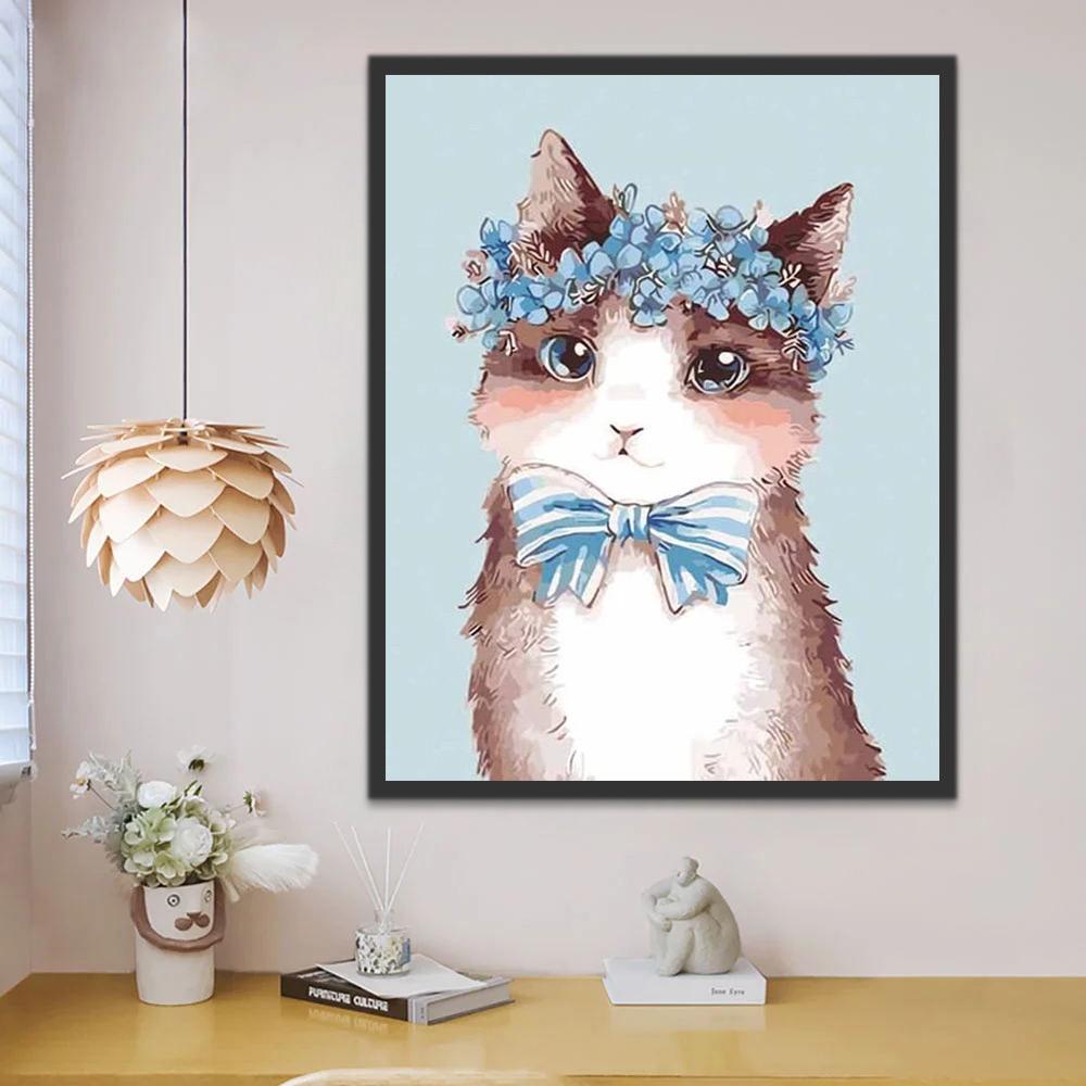 Gato con Guirnalda de Flores y Lazo Azul Pintar por Números