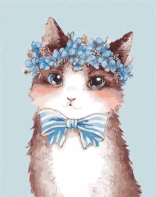 Gato con Guirnalda de Flores y Lazo Azul Pintar por Números