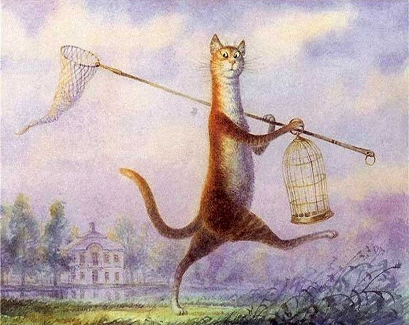Gato con Redes para Mariposas y Jaula Dorada Pintar por Números