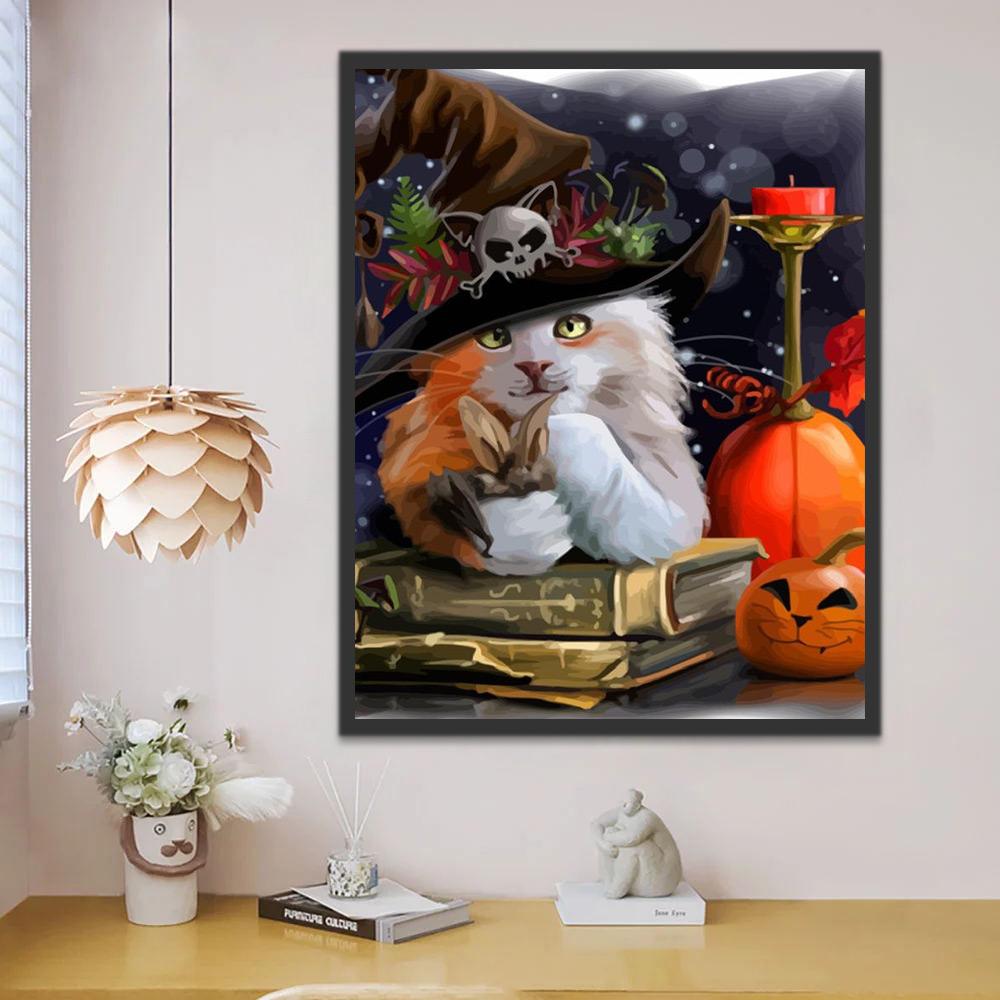 Gato con Sombrero de Bruja en Halloween Pintar por Números