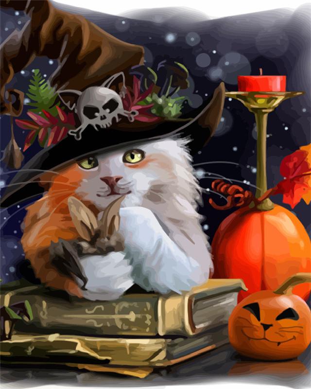 Gato con Sombrero de Bruja en Halloween Pintar por Números