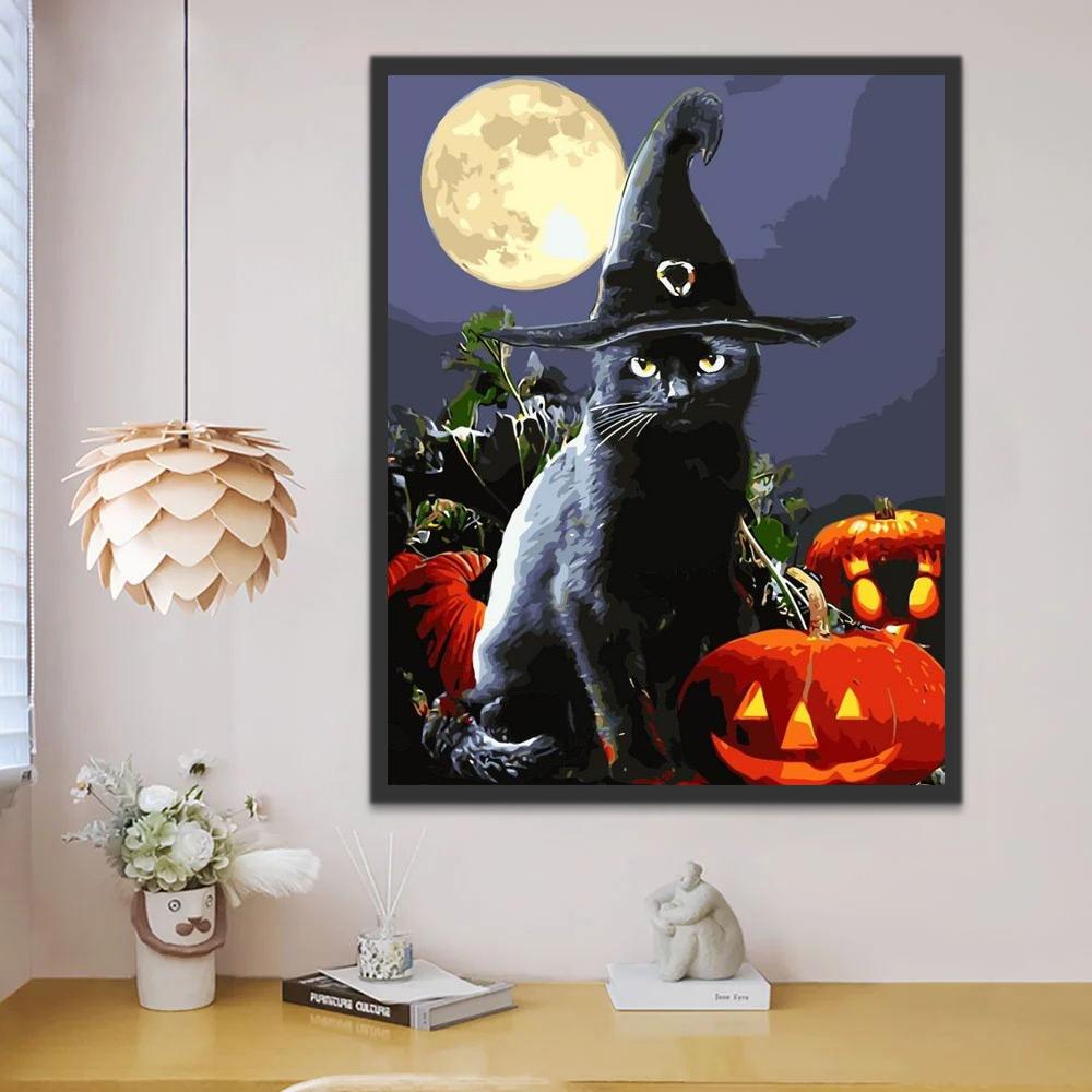 Gato con Sombrero de Bruja y Calabaza de Halloween Pintar por Números