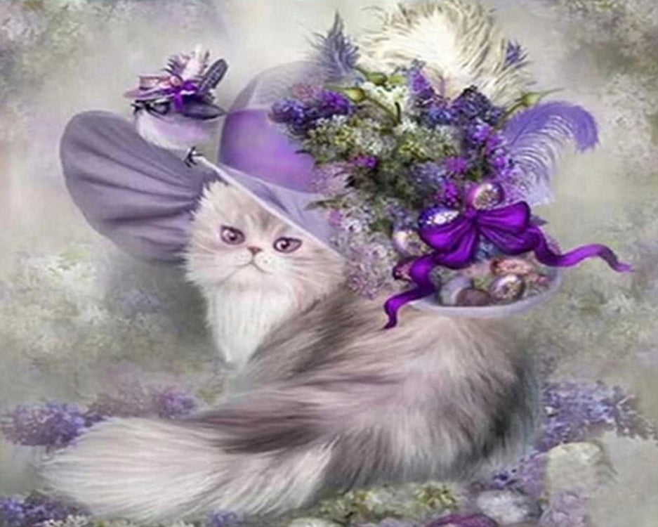 Gato con Sombrero de Flores Violáceas Pintar por Números