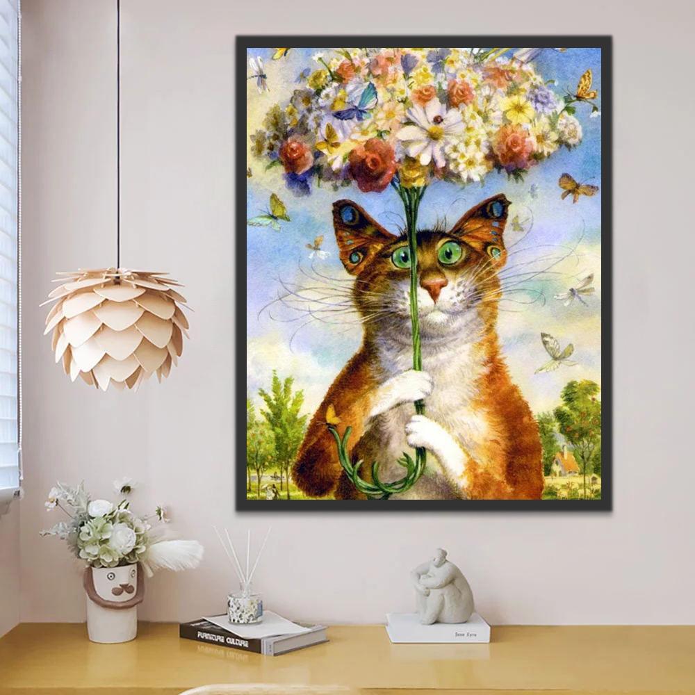 Gato con un Paraguas de Flores Pintar por Números