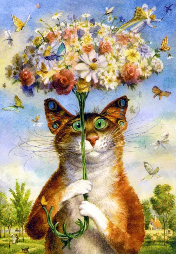 Gato con un Paraguas de Flores Pintar por Números