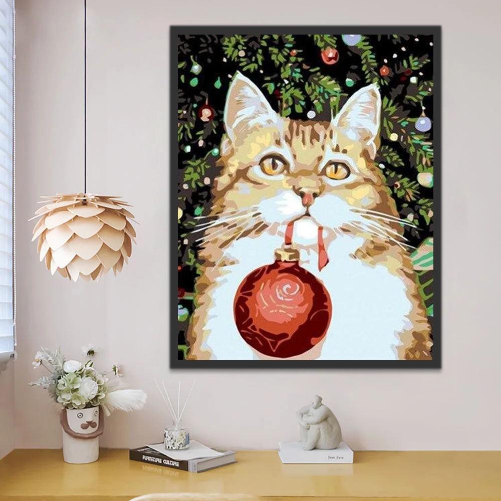 Gato con una Bola de Navidad en Su Boca Pintar por Números