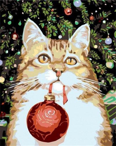Gato con una Bola de Navidad en Su Boca Pintar por Números