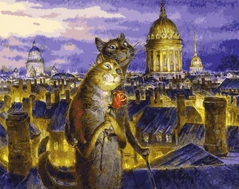 Gato de Pareja Paseando por Techo en la Noche de la Ciudad Pintar por Números