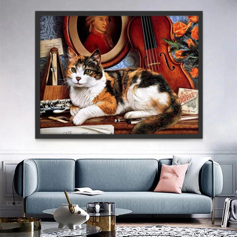 Gato de Tres Colores y una Guitarra en el Cuarto Pintar por Números