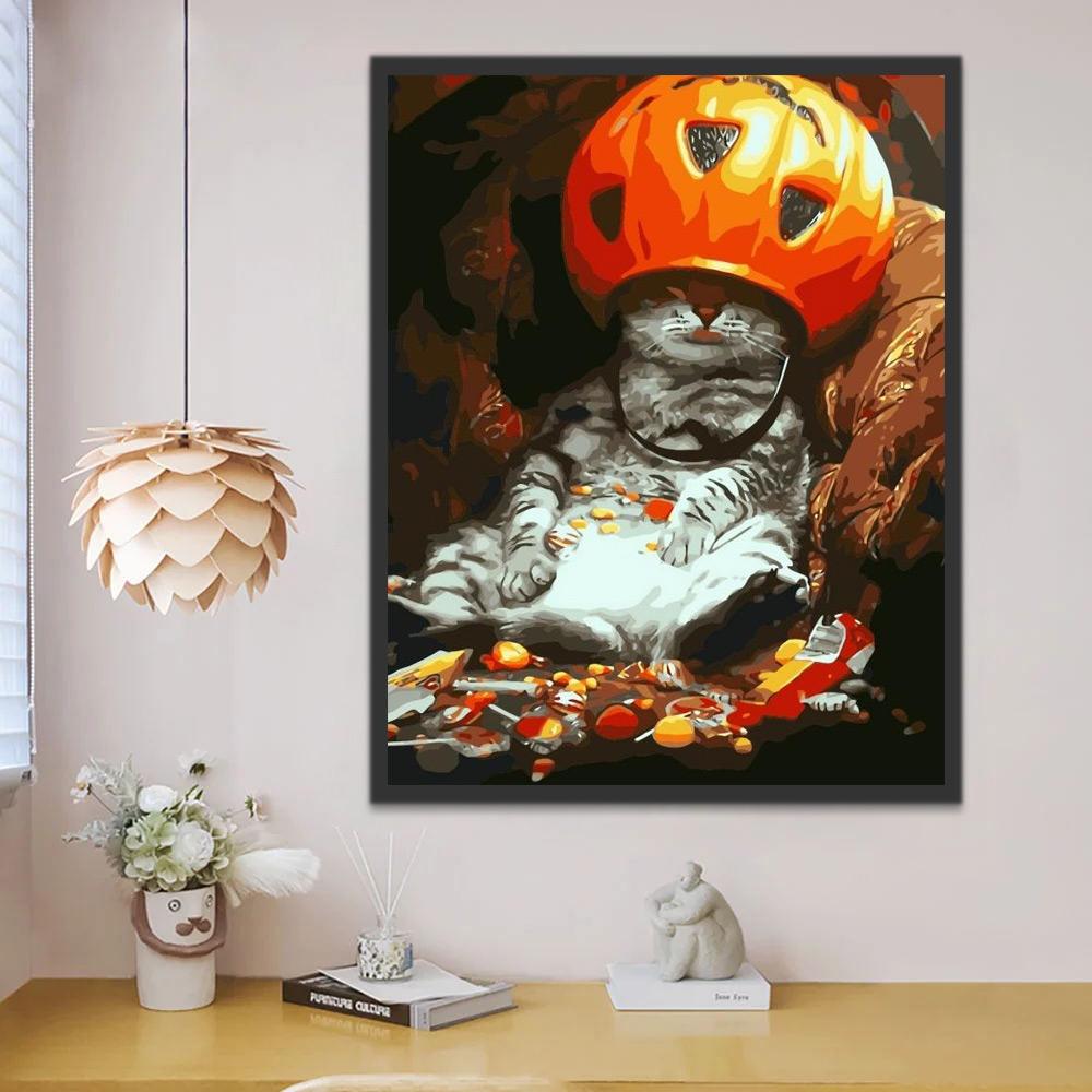 Gato Dormido y Calabaza de Halloween Pintar por Números