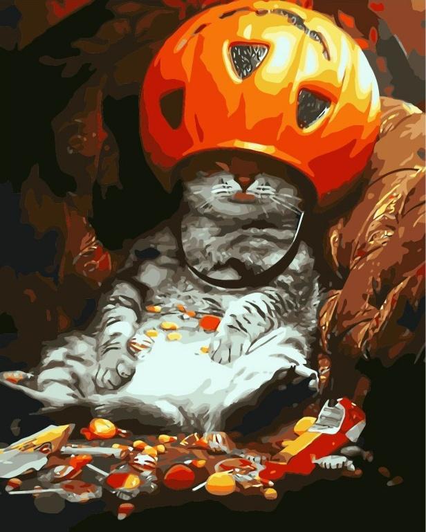 Gato Dormido y Calabaza de Halloween Pintar por Números