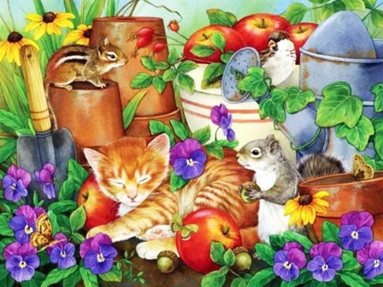 Gato Dormido y Dos Ardillas en el Jardín Pintar por Números