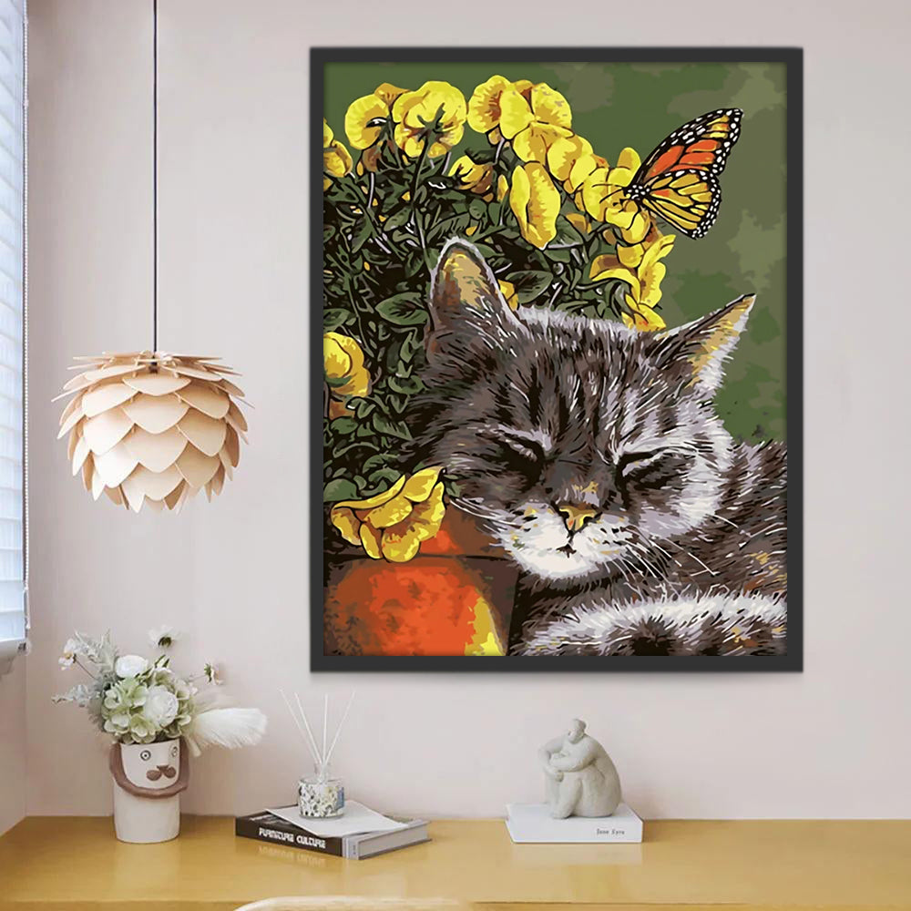 Gato Dormido y las Flores Amarillas Pintar por Números