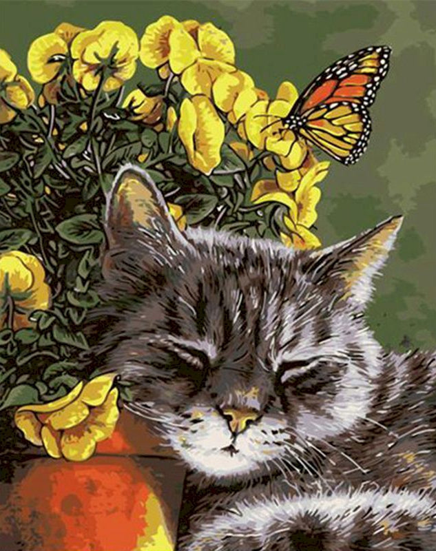 Gato Dormido y las Flores Amarillas Pintar por Números