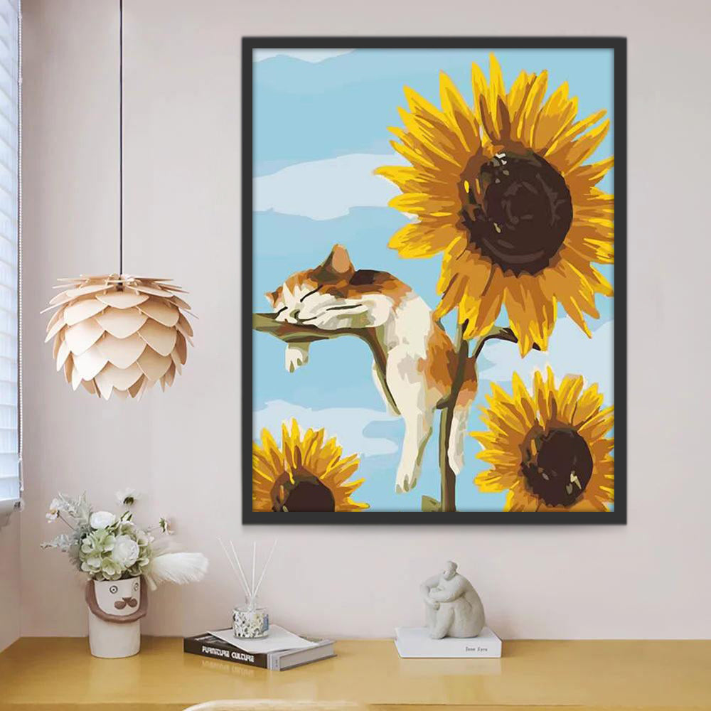 Gato Durmiendo sobre un Girasol Pintar por Números