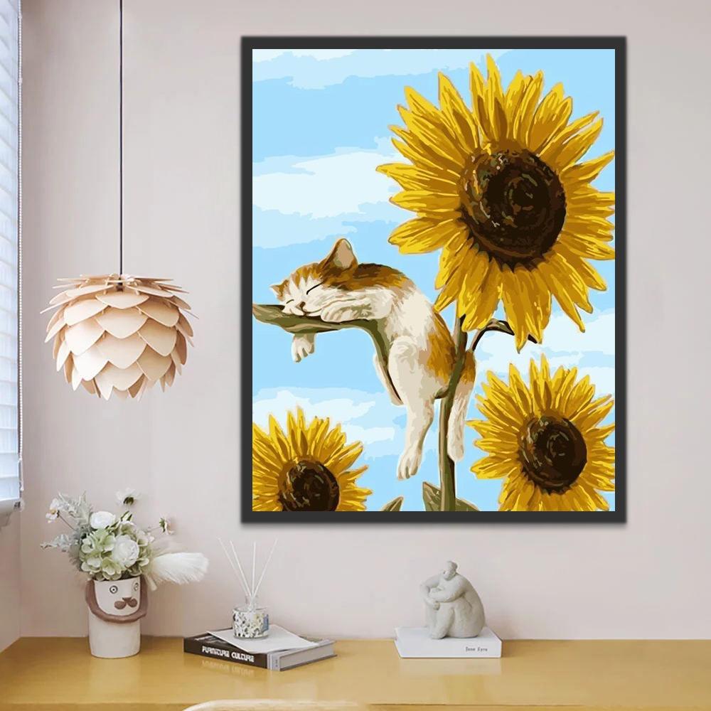 Gato Durmiendo sobre un Girasol Pintar por Números