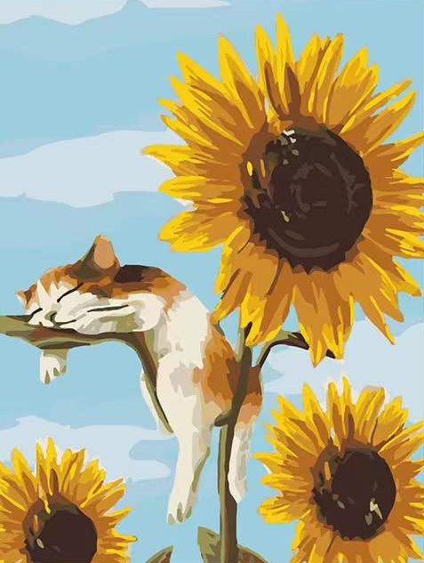 Gato Durmiendo sobre un Girasol Pintar por Números