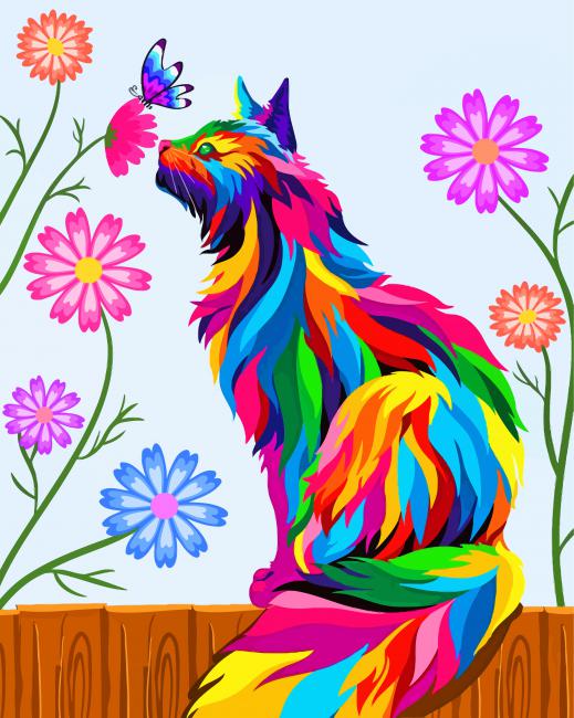 Gato en Color Olfateando las Flores Coloridas Pintar por Números