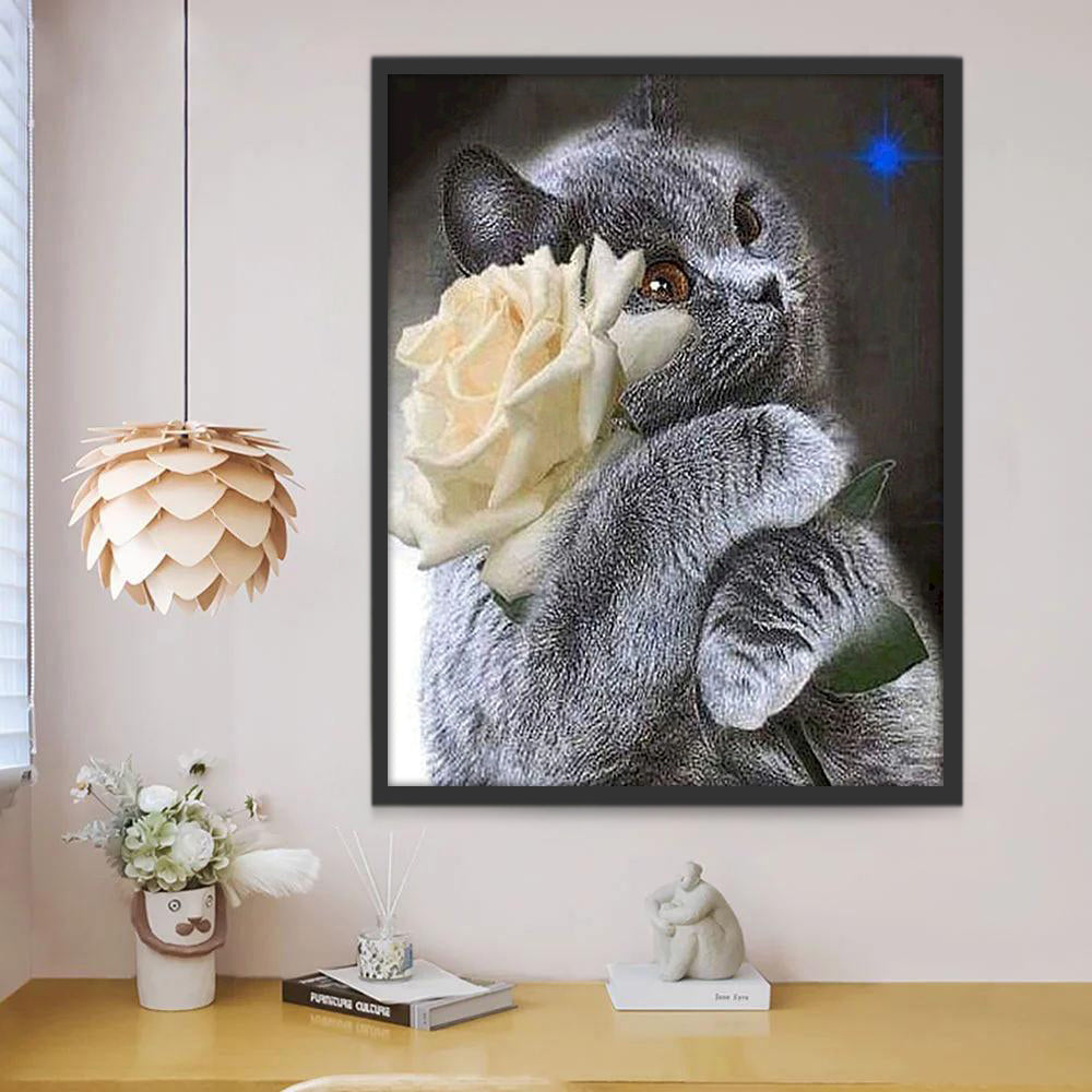 Gato Gris Abrazando una Rosa Blanca Pintar por Números