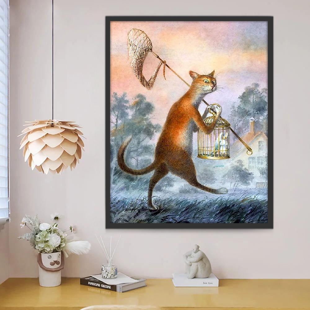 Gato Llevando Red para Mariposas y Jaula Dorada Pintar por Números