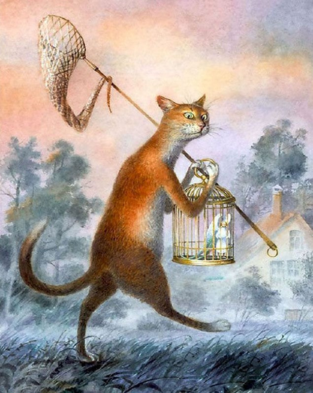 Gato Llevando Red para Mariposas y Jaula Dorada Pintar por Números