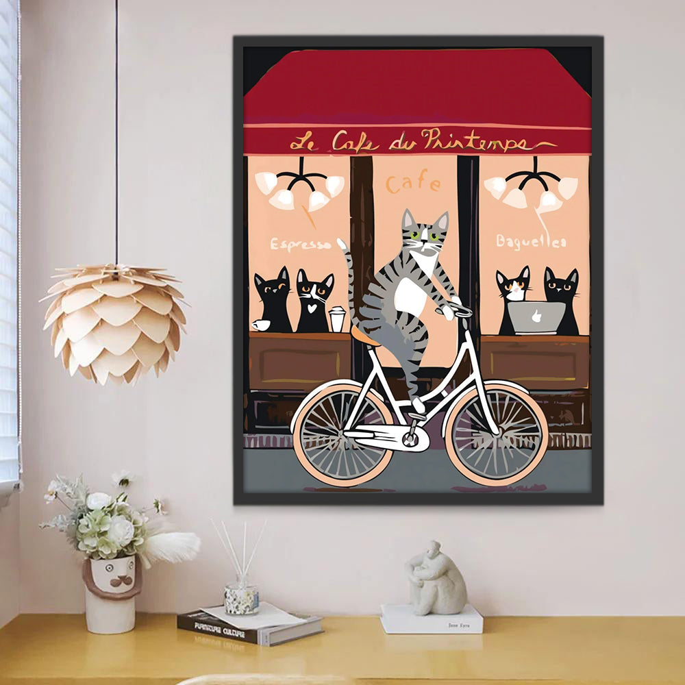 Gato Montando en Bicicleta Delante de Cafetería Pintar por Números