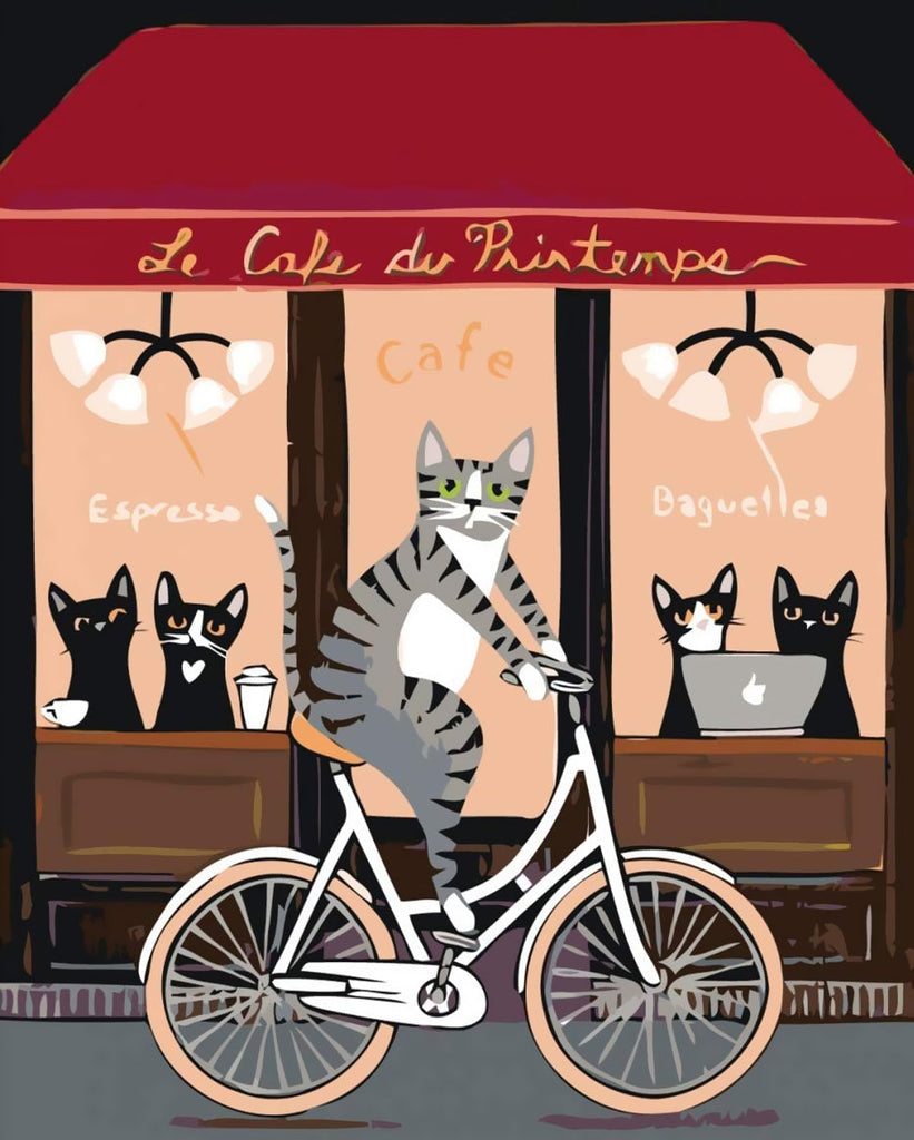 Gato Montando en Bicicleta Delante de Cafetería Pintar por Números
