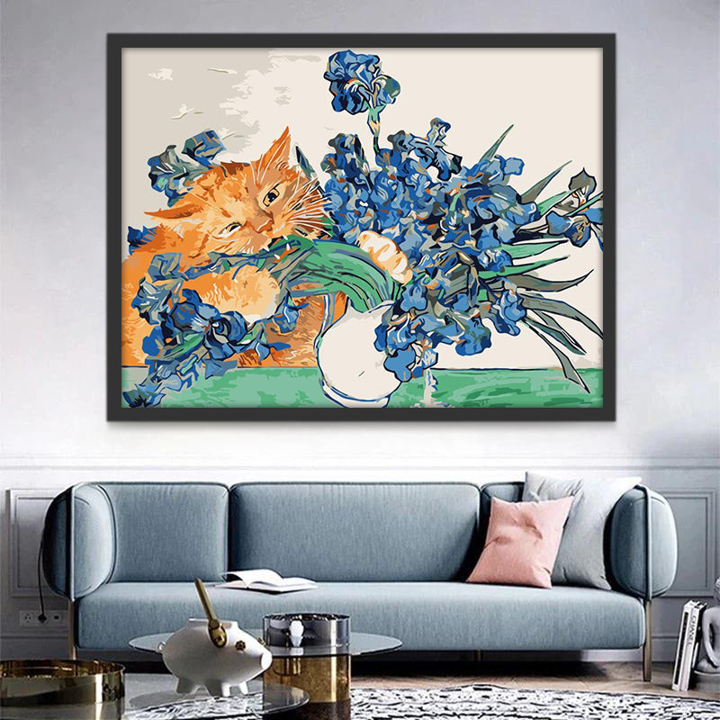 Gato Mordiendo las Flores Azules del Florero Pintar por Números