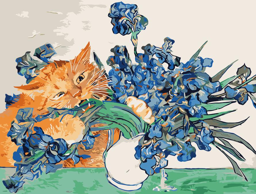 Gato Mordiendo las Flores Azules del Florero Pintar por Números