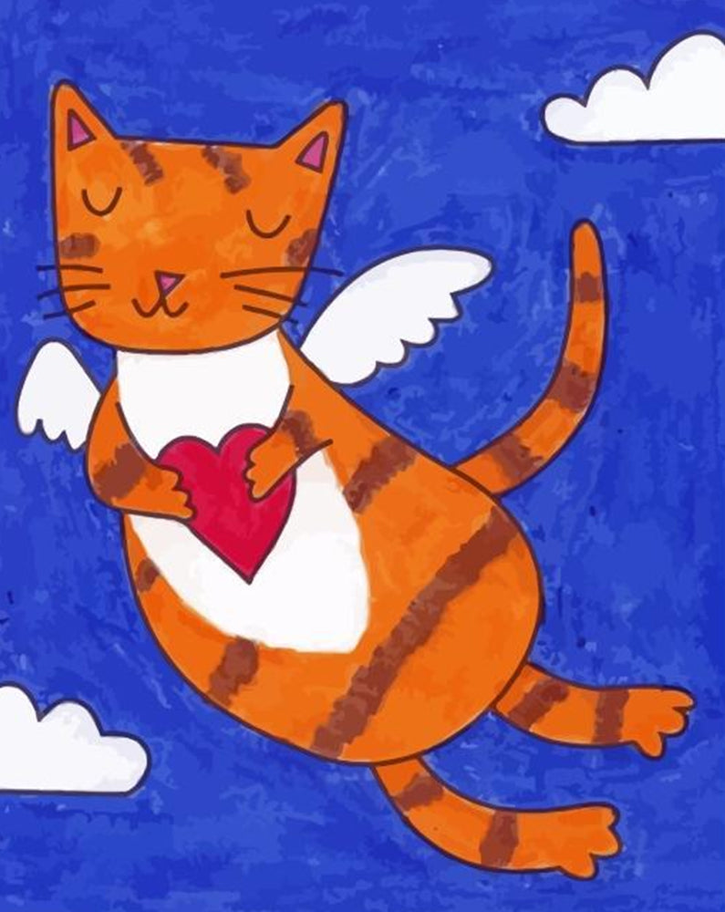 Gato Naranja con Alas Volando por el Cielo Pintar por Números Niños
