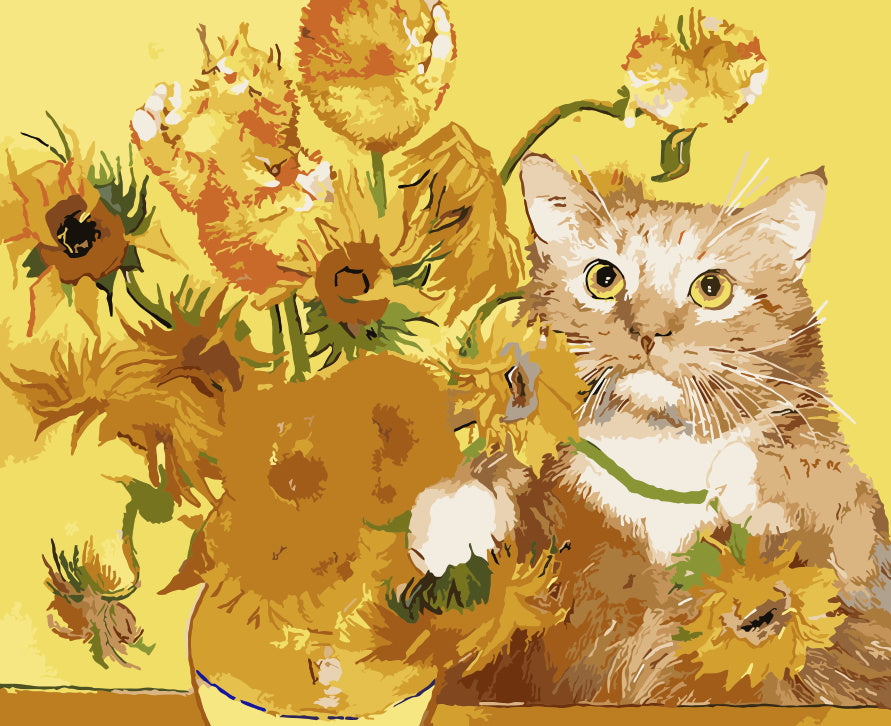 Gato Naranja y Girasoles de Van Gogh Pintar por Números