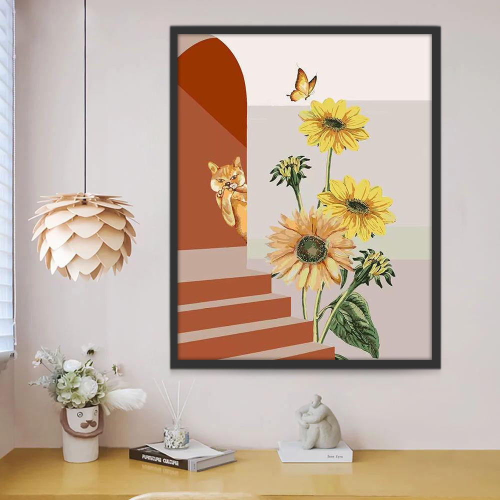 Gato Naranja y Girasoles Detrás de Escalera Pintar por Números