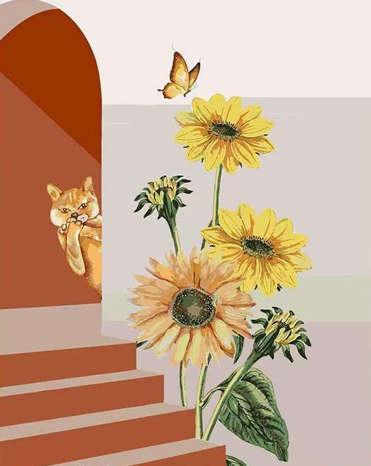 Gato Naranja y Girasoles Detrás de Escalera Pintar por Números
