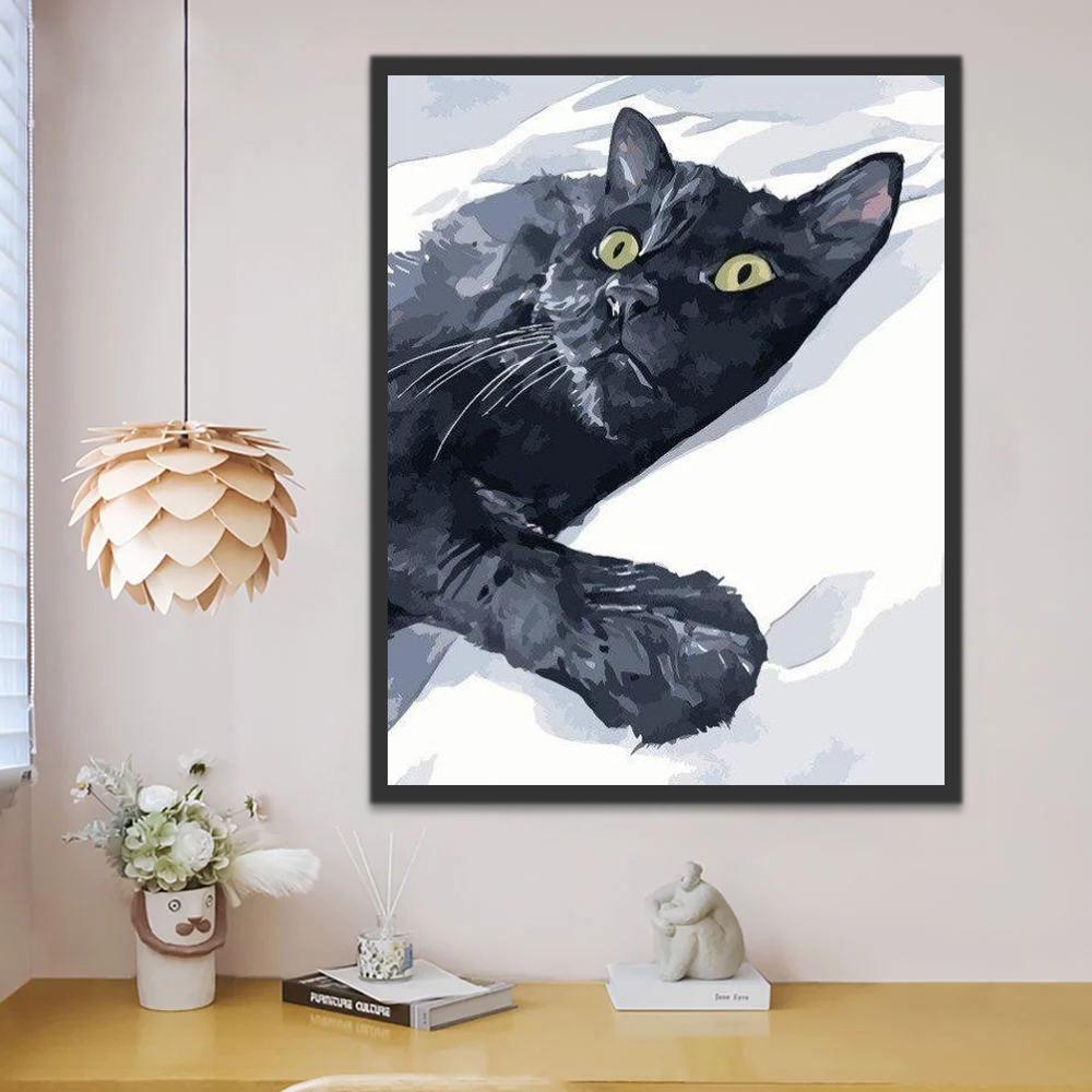 Gato Negro Acostado en la Manta Blanca Pintar por Números