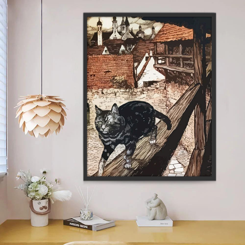 Gato Negro Caminando sobre la Barandilla de Balcón de Madera Pintar por Números