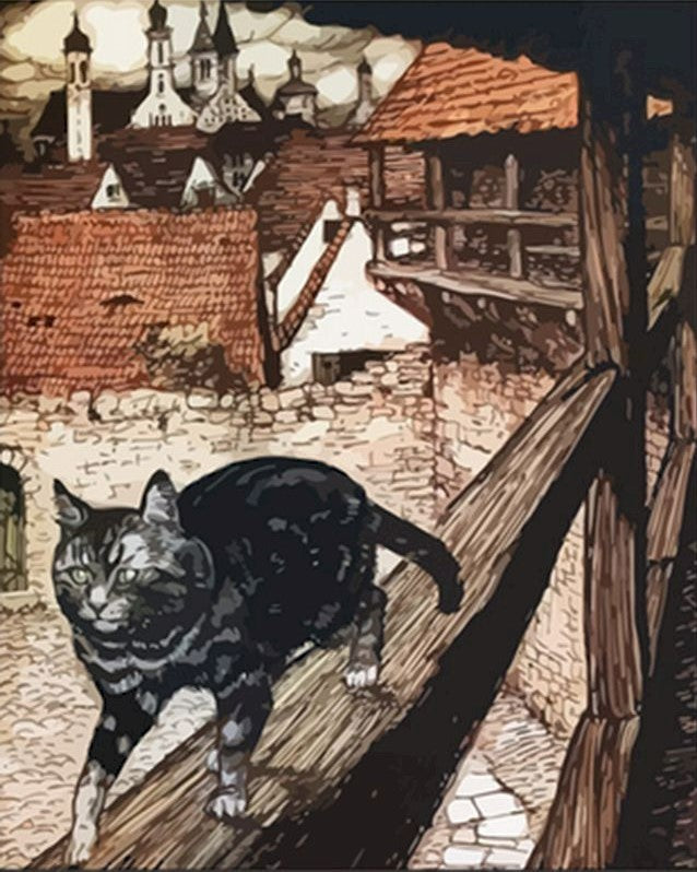 Gato Negro Caminando sobre la Barandilla de Balcón de Madera Pintar por Números