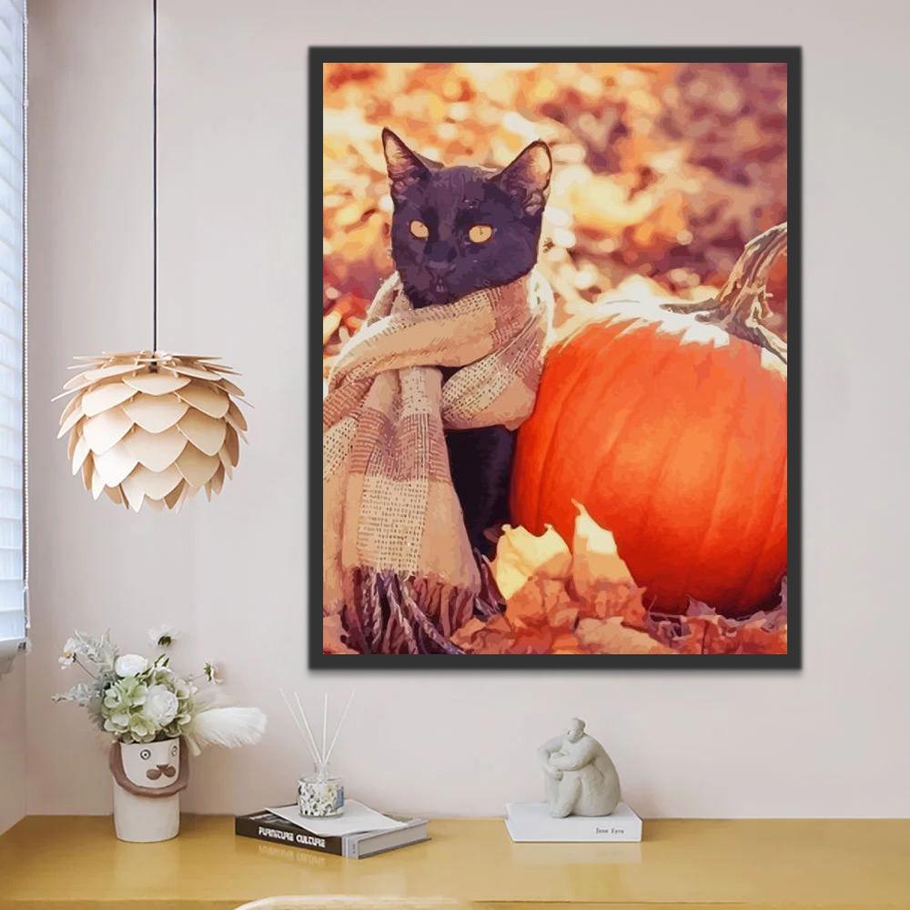 Gato Negro con Bufanda y Calabaza de Halloween Pintar por Números